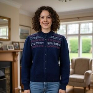 St Michael Cardigan Women Button Down Fair Isle Navy‎ Blue 14 Vintage UK Grandma